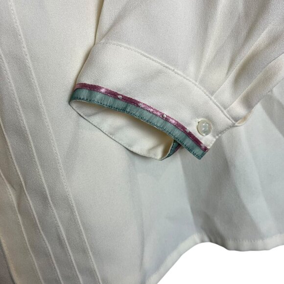 Vintage Koret Size 18 Pleated Long Sleeve Floral Embroidery Blouse Cream Purple - Picture 3 of 6